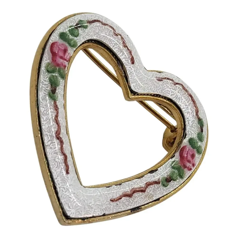 Vintage Heart Floral Enamel Brooch White Pink Rose Gold Tone Guilloche Style Pin